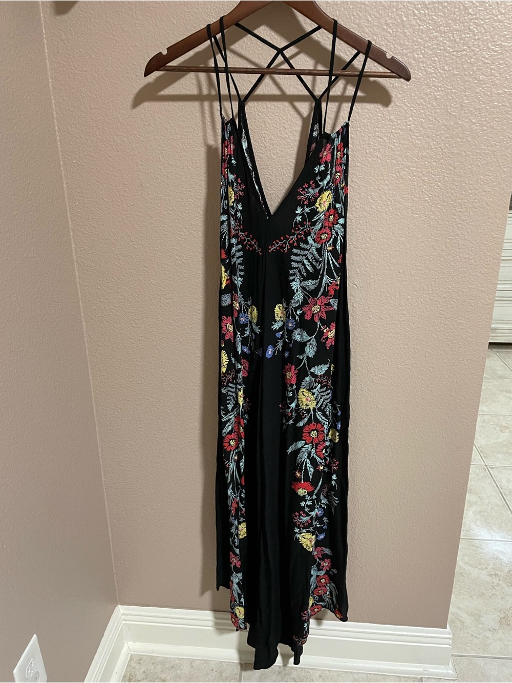 Intimately Free People Black Maxi Dress with Multicolor Floral Embroidery